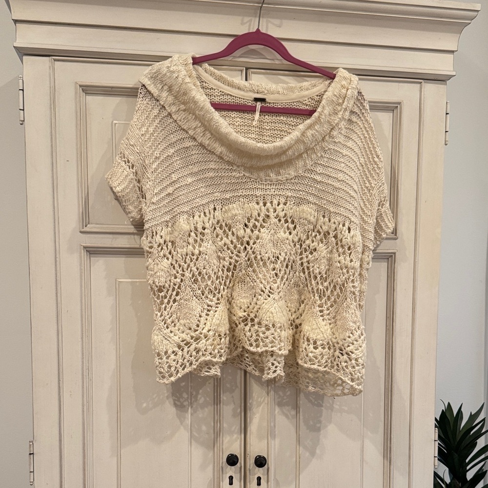 Free People Cream Cowl Neck Crochet Sweater